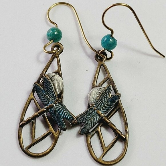 Artisan Made Dragonfly Earrings Drop Dangle Mixed Metals Native Style BOHO 2" - Picture 8 of 8